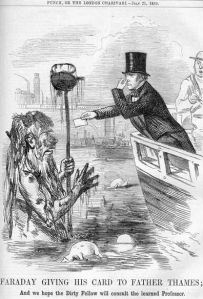 An etching caricature of Faraday giving a filthy Farther Thames a card